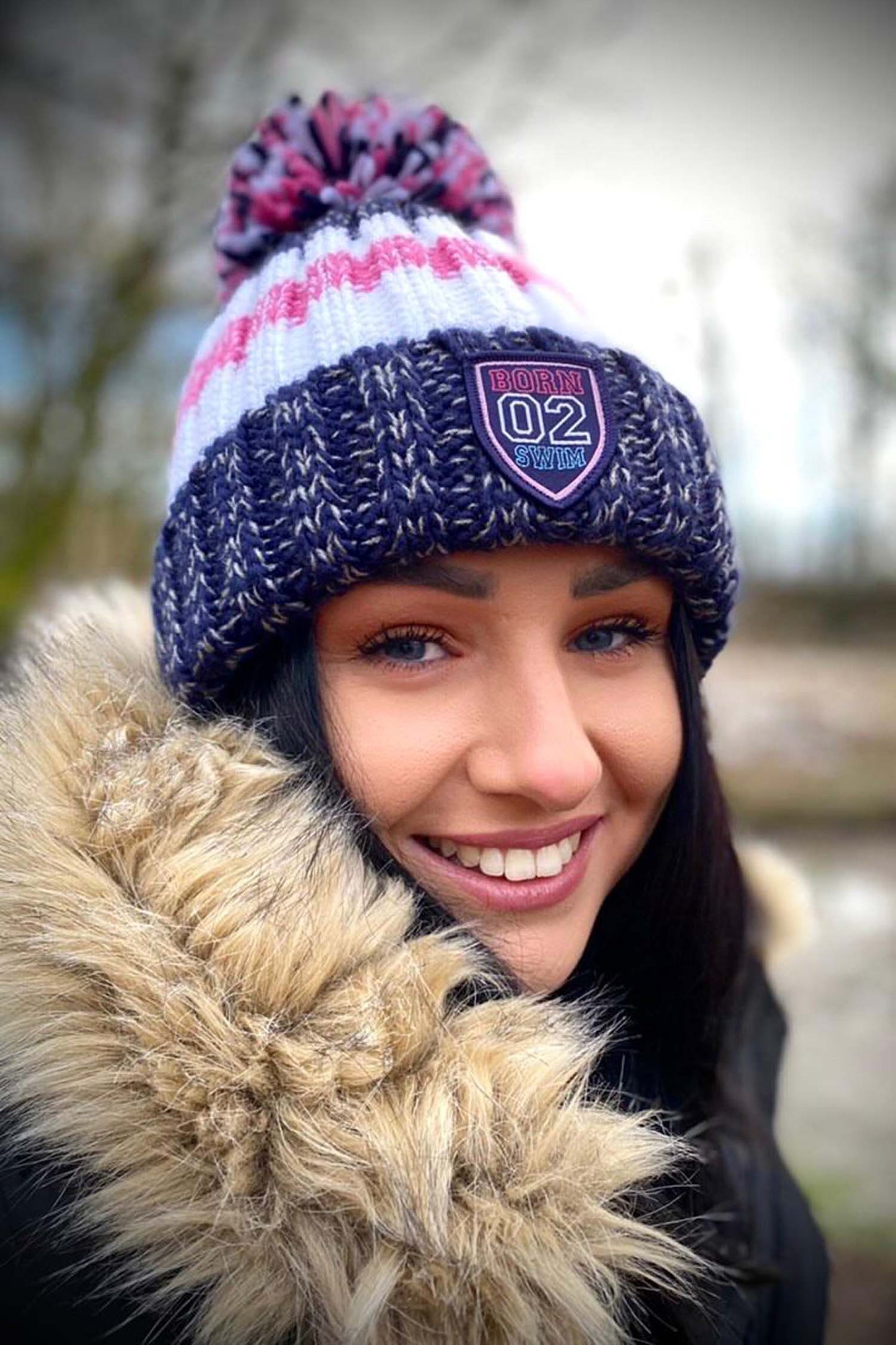 Navy Pink Rib Knit Hat