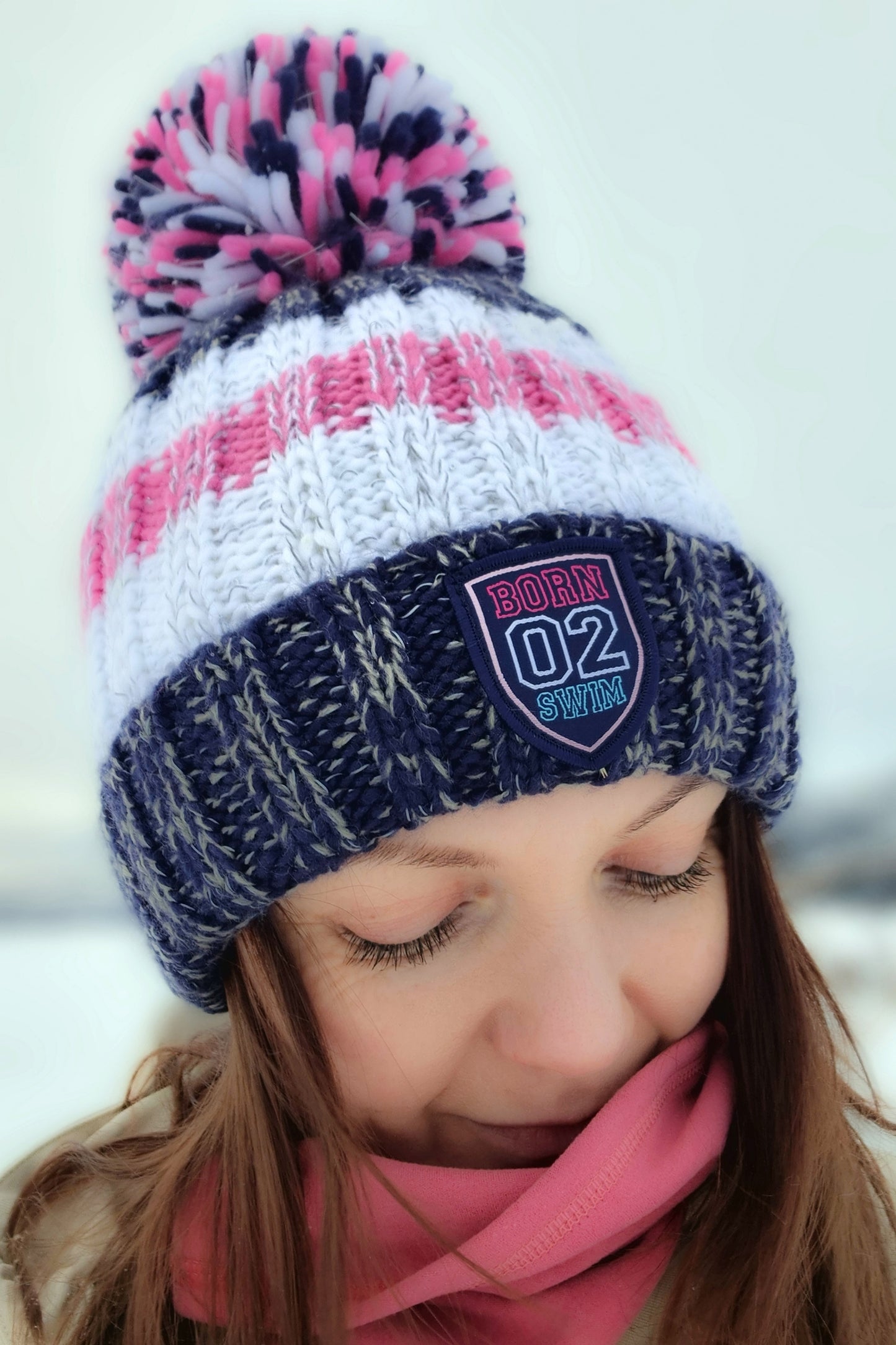 Navy Pink Rib Knit Hat